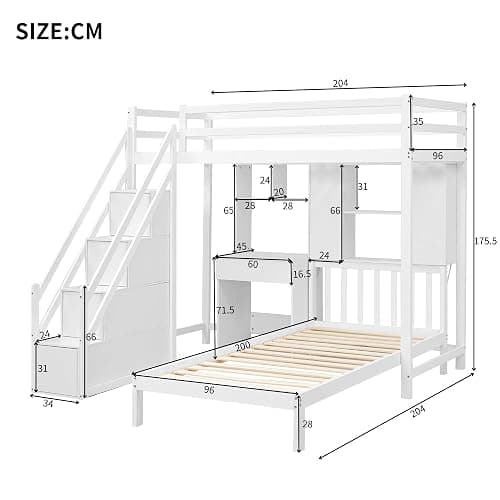 Merax Kids 3FT Loft Bed Frame Children's High Sleeper Double Bed with Desk multifunctional Bed with Storage, Shelves & Stairs, Solid Pine Wood Frame, for Children Girls and Boys, White (2 * 90x190cm) thumbnail 2