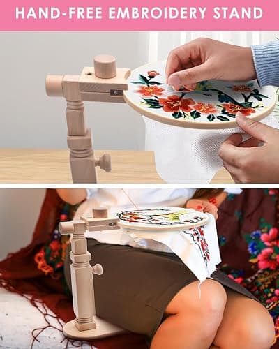 TINDTOP Beech Wood Embroidery Hoop Stand, with 3pcs Embroidery Hoops (3inch + 6inch + 8inch), Adjustable Rotated Wooden Embroidery Hoop Holder for Cross Stitch and Embroidery Projects thumbnail 4
