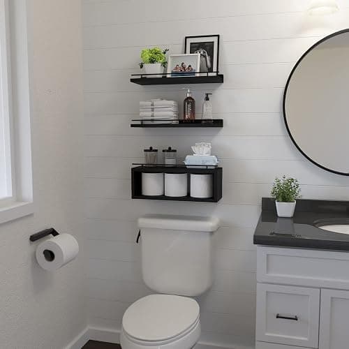 WOPITUES Floating Shelves for Wall with Cube Shelf, Wall Shelves with Metal Rail for Bathroom Decor, Bathroom Organizers and Storage, Over Toilet Shelves for Toilet Paper-Black thumbnail 4