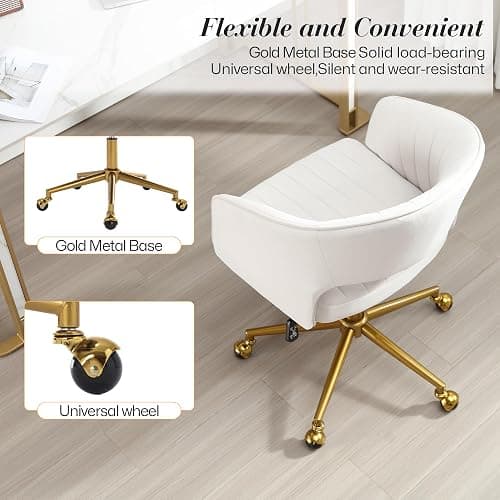 HENGJIANYI Home Office Swivel Desk Chair, Modern Velvet Vanity Chair, Height Adjustable Armchair with Gold Base, Ergonomic Office Chair for Task Study Computer Room, Beige thumbnail 5