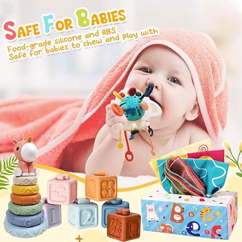 Montessori Baby Toys 6-12 Months, 4 in 1 Montessori Toys Set 6 Months Old+, Stacking Building Blocks Infant Toys, Tissue Box Toy, Baby Sensory Toys for 1 2 3 Year Old Boy Girl - 4 in 1 toy thumbnail 2