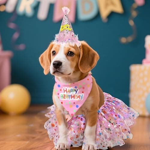 Dog Birthday Bandana with Hat and Dress Girl Set Puppy Birthday Party Supplies Cute Tutu Skirt Outfit for Small Medium Large Dogs Decorations(Pink) thumbnail 5