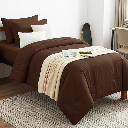 CozyLux Twin XL Comforter Set College Dorm Essentials, 5 Pieces Brown Bed in a Bag Twin Extra Long Comforter Set with Sheets, Pillowcase & Sham, Soft Down Alternative Bedding Sets, Back to School - Image 1