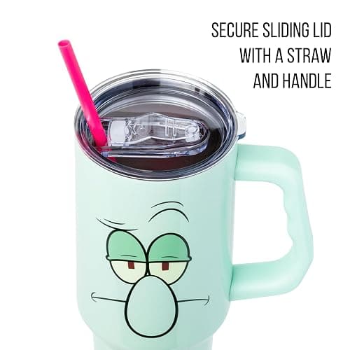 Silver Buffalo SpongeBob SquarePants Double Walled Stainless Steel Tumbler with Handle Featuring Squidward, Fits in Standard Cup Holder, 40 Ounces thumbnail 3