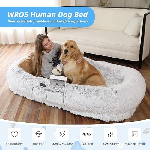 WROS Human Dog Bed - 71"x45"x12" Fits You & Pets, Washable Faux Fur, Orthopedic, Plump Pillow, Blanket, Strap - Grey thumbnail 2
