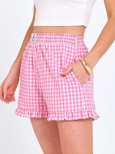 ANRABESS Boxer Shorts for Women,Gingham Plaid Elastic Waist Ruffle,Perfect for Lounge,Pajama&Sleep,Cute Casual Summer Bottoms thumbnail 3