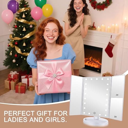 deweisn Floor Mount Tri-Fold Lighted Vanity Mirror with 21 LED Lights, Touch Screen and 3X/2X/1X Magnification, Two Power Supply Modes Make Up Mirror,Travel Mirror thumbnail 7