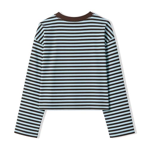 Striped Bloom Long Sleeve Shirt for Women Boxy Tee Top Streetwear | Y2k Oversized Crewneck Stripes Baggy T Shirts Stripe Cropped Drop Shoulder Sweater Sweatshirt Fairy Grunge Crop Tops thumbnail 2