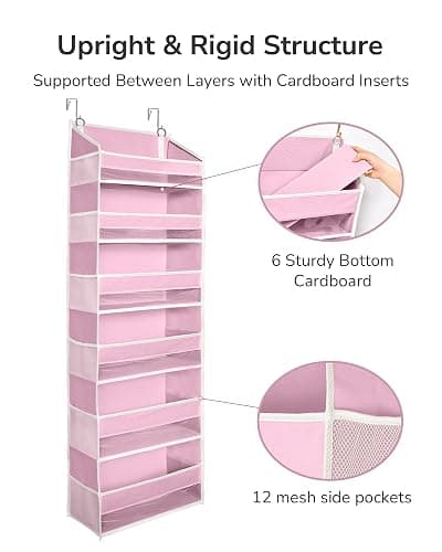 ULG Over The Door Organizer with 6 Large Pockets 12 Side Pockets, 50lbs Weight Capacity Door Hanging Storage Organizer for Bedroom, Bathroom, Pantry, Nursery Storage, Pink thumbnail 6