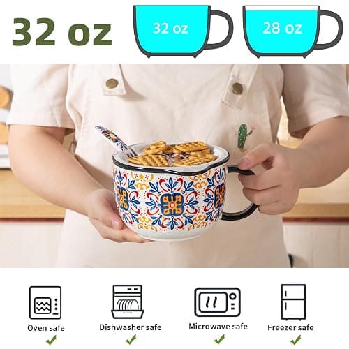 Chubacoo Soup Bowl with Lid & Spoon: Ceramic Large Microwavable Bowl with Plate Combo - Ideal for Ramen Cereal Oatmeal Noodles Sandwich Chip & Bread Dip Cracker - Big Handle, 32 oz, C-pattern thumbnail 3