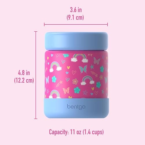 Bentgo Kids Stainless Steel Food Jar - 11oz Leak-Proof Double Insulated Hot or Cold Food Container with Removable Silicone Bumper, Dishwasher Safe, Easy Open Lid, Ages 3+ (Rainbows and Butterflies) thumbnail 3