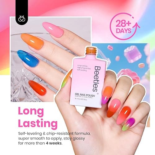 Beetles Jelly Gel Nail Polish Set, 6 Colors Hema Free Summer Neon Gel Polish Yellow Pink Red Blue Purple Orange 15ML Full Size Sheer Translucent Effect Soak Off UV Colorful Bottle Gel Gift for Women thumbnail 4