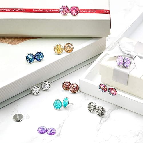 Maitys 200 Pcs 20 Colors Druzy Resin Cabochons Stainless Steel Stud Earring, Faux Druzy Cabochons Round Flat Back Dome for Jewelry Making, DIY Craft(8 mm,Silver Stud Earring) thumbnail 6
