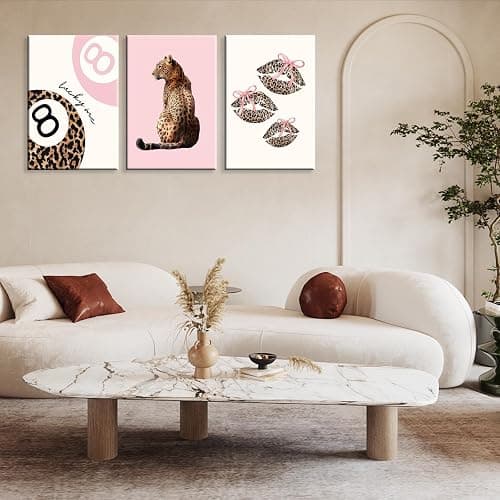 Set of 3 Coquette Pink Leopard Wall Art Trendy Lucky You 8 Ball Decor Posters Funky Cheetah Print Kiss Lips Canvas for Preppy Girly Y2k Room Dorm Home Apartment Bedroom Aesthetic 12x16in Framed thumbnail 3