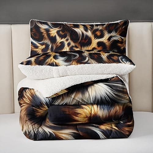 lneffble Leopard Print Queen Fluffy Sherpa Comforter Set，Animal Print Fuzzy Comforter Queen Size Brown thumbnail 3