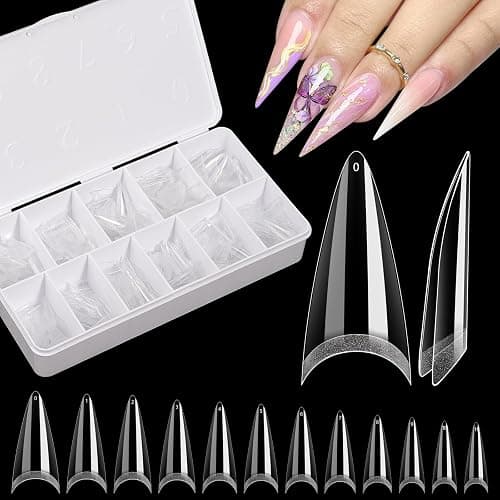 Clear Stiletto Nail Tips, No C Curve Medium Nail Tips for Acrylic Nails Professional, 550PCS Soft Gel Nail Tips Half Cover Stiletto Almond Fake Nails for Nail Extension, Use for Nail Salon Home DIY - Image 1