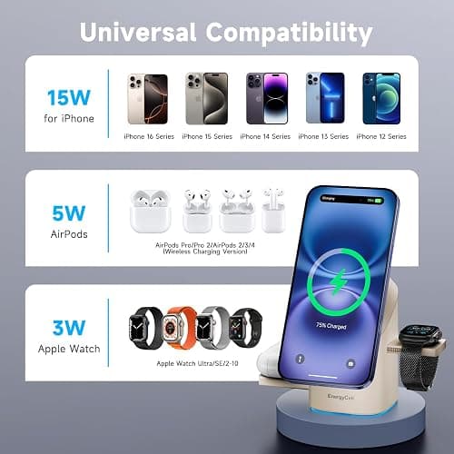 EnergyCell Rotating Wireless Charger, Qi2 Certified 2X Faster 15W for iPhone Charging Station 16/15/14/13/12, Apple Watch, AirPods, 3 in 1 Charging Station Apple Magnetic with Heat Dissipation, Desert thumbnail 3