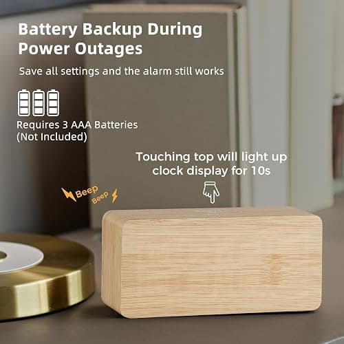 Wooden Digital Alarm Clocks for Bedrooms: Dimmable Dual Alarm Clock with Large Numbers for Bedside Desk - Bamboo thumbnail 7