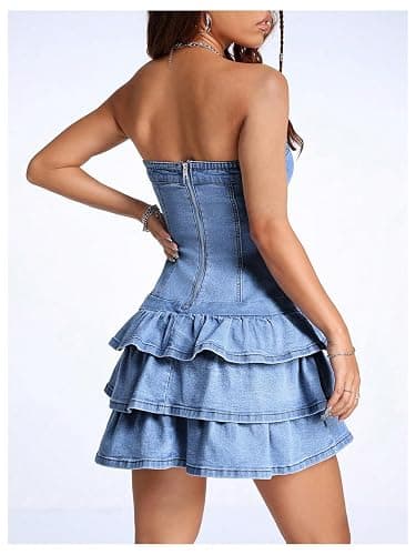 WDIRARA Women's Strapless Layered Ruffle Denim Dress Bandeau Slim Fit Mini Dresses thumbnail 2