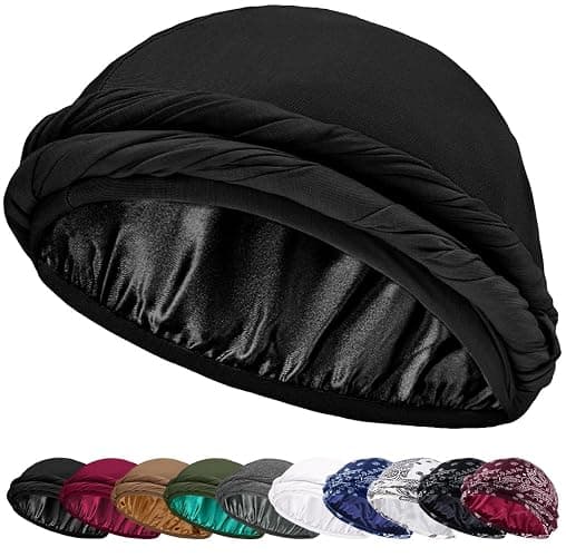 Ababalaya Upgraded Satin Lined Halo Turban Durag for Men &Women Sleeping Bonnet PRE-Tied Headwraps for Hair Loss - Image 1