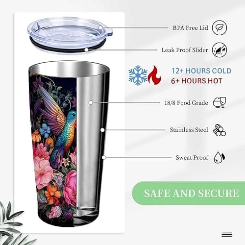 QruKinx Hummingbird Tumbler 20oz | Stainless Steel Travel Mug with Leak-Proof Lid | Bird Insulated Cup for Coffee, Tea and Iced Drinks | Hummingbird Gifts for Women thumbnail 8