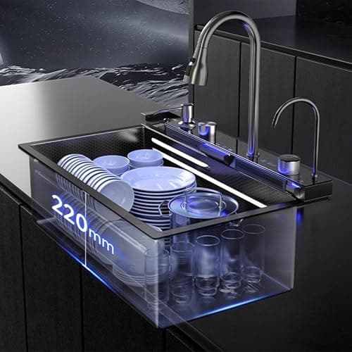 FIVIXIL Kitchen Sink Whale Double Waterfall Sink with LED Display with Cup Washer, soap Dispenser, Waterfall Mixer, countertop Controls, etc. Workstation Kitchen Sink (Gun Grey, 31.5 * 18.1 * 8.7IN) thumbnail 2