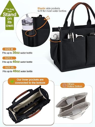 FIORETTO Womens Canvas Tote Bag Purse with Individual Compartment, Zipper Top, Reinforced Bottom & Luggage Sleeve thumbnail 7
