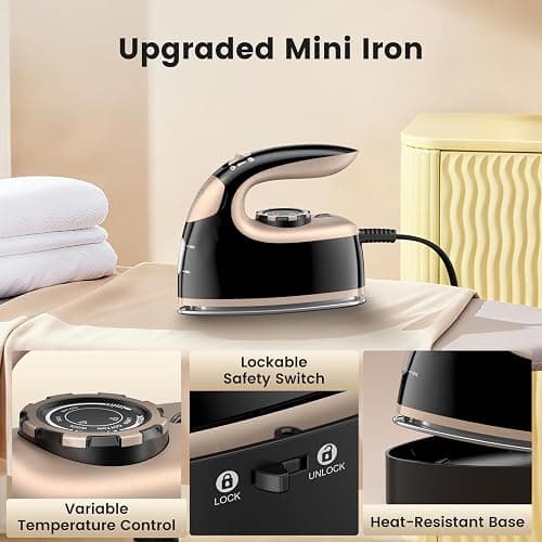 MIYOKO 2-in-1 Mini Steam Iron for Clothes, 1000W Portable Small Iron, with Non-Stick Soleplate, 25G/Min High Speed Steams, 90ML Water Tank, 110-120V for Home Travel Sewing and Quilting, Black & Gold thumbnail 5