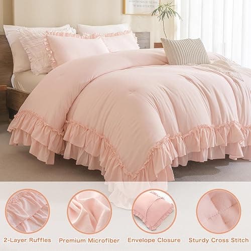 Masaca Blush Ruffle Comforter Full Size,3 Pieces Farmhouse Shabby Boho Chic Bedding Sets Full,Women Girls Bedroom Vintage Rustic Bedding Comforter Set All Season thumbnail 2