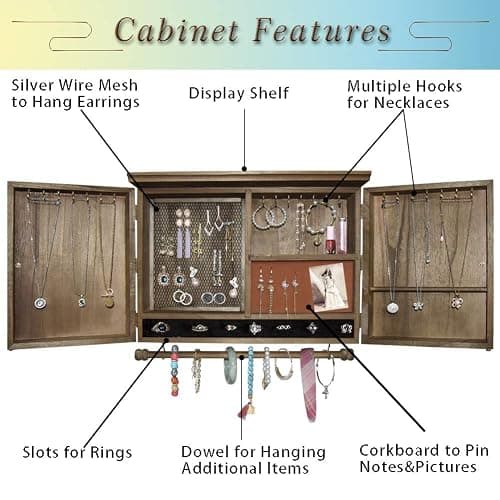 GLANT Rustic Wall Mounted Jewelry Organizer with Wooden Barndoor Decor， Wall Mount Holder,Jewelry holder for Necklaces, Earings, Bracelets，Ring Holder. Includes matching hook organizer (wood color) thumbnail 3