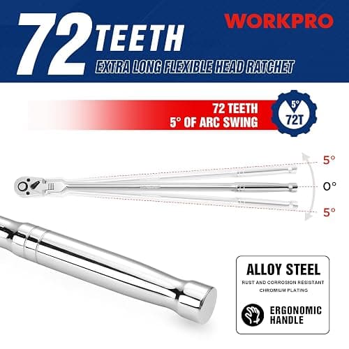 WORKPRO 3/8" Drive Extra Long Flex Head Ratchet, 18 Inch Reach Quick Release CR-V Steel Ratchet Handle, CR-MO Head, Reversible Design, 72-Tooth thumbnail 5
