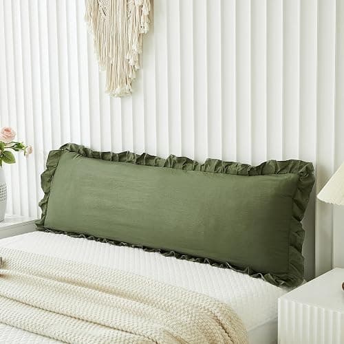 Shabby Chic Olive Green Body Pillow Cover - 20x54in Long Pillowcase with Ruffled Fringe Decor - Image 1