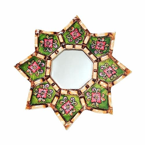 Starburst Decorative Wall Mirror Green Floral Hand-Painted Wooden Frame Shatterproof Acrylic Hanging Mirror Vintage Boho Moroccan Wall Mirror Decor for Living Room Bedroom Entryway Small Accent Mirror - Image 1