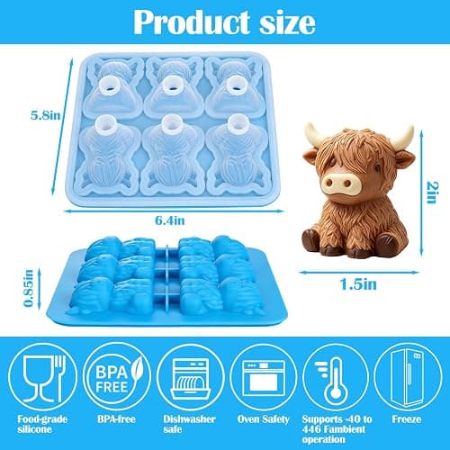 Palksky Highland Cow Silicone Mold, 6 Cavity 3D Cute Cow Chocolate Candy Mold, Food Grade Tray for Baking, Ice Cube, Jello thumbnail 3