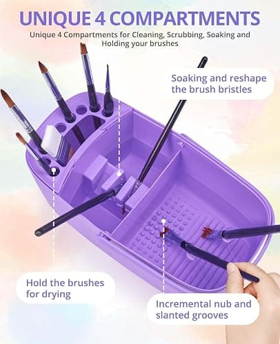 GAMENOTE Paint Brush Cleaner, Paint Brush Holder and Palette, Purple | All-in-one painting station washes and rests brushes, mixes colors, and stores paint in 18 wells with a portable handle. thumbnail 4