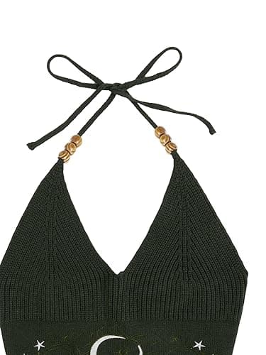 Verdusa Women's Y2k Halter Tops Gothic Clothes Summer Going Out Tops Crochet Cami Tie Boho Cowgirl Outfits - Medium - Green White thumbnail 3