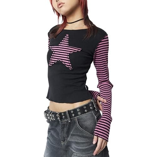 Women Vintage Star Pattern Stripes Patchwork T Shirts Long Sleeve Crew Neck Crop Top Casual Y2K 90s Streetwear thumbnail 2