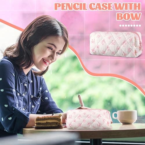 Sherr Coquette Bow Pencil Case Pink Bow Cute Pencil Pouch Soft Cotton Storage Bag Aesthetic Pattern Gift Makeup Pouch Cosmetic Bag for Women thumbnail 6