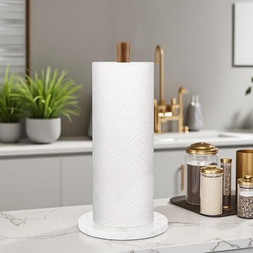 Buruis Wood Paper Towel Holder, Marble Base Modern Decorative Countertop Standing Rolls Holder for Kitchen, Toilet, Pantry and Bathroom (Marble Base White) thumbnail 7