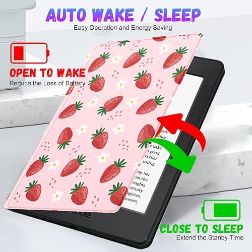 Uppuppy for Kindle Paperwhite 11th Generation Case 6.8 Inch 2021 / Paperwhite Signature Edition Cute Women Girls Teens Unique Strawberry Folio Fabric Paper White Cover with Auto Sleep/Wake E-Reader thumbnail 4