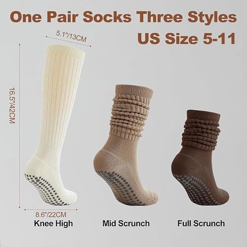 TOAMOUR Pilates Socks with Grips for Women Non Slip Yoga Socks 3 Pairs Long Scrunch Socks Barre Gym Crew Socks thumbnail 3