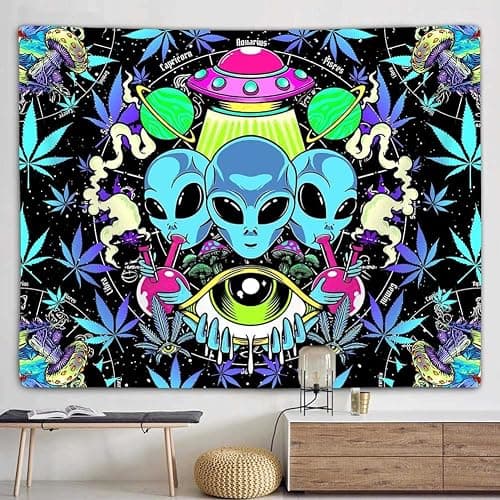 Cool Trippy Weed Tapestry, Funny Alien UFO Tie Dye Marijuana Leaf Tapestry Wall Hanging for Men Bedroom, Psychedelic Mushroom Cannabis Tapestries Poster Blanket College Dorm Home Decor (60X40) thumbnail 2