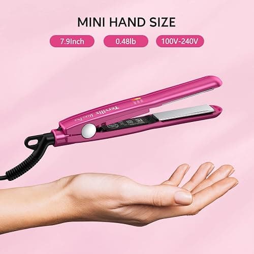 Terviiix Mini Flat Iron Adjustable Temperature, Travel-Size Mini Hair Straightener, Small Flat Irons for Short Hair/Curls Bangs, Ceramic Portable Tiny Hair Curler, Dual Voltage, Auto-Off, Pink, 1/2'' thumbnail 3