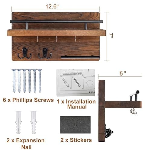 OurWarm Wall Mounted Key Holder/Hangers for Wall Decorative with 5 Key Hooks, Wooden Mail Rack Organizer with Shelf, Rustic Home Decor for Entryway Mudroom Hallway Office, Brown thumbnail 3