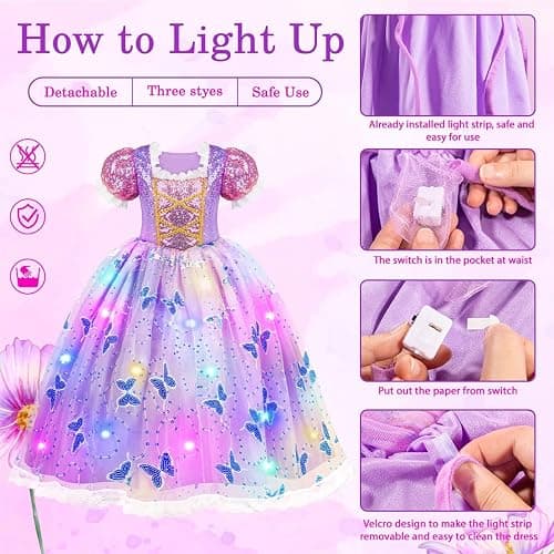 Meland Princess Dress Up for Girls 3-10, Light Up Costume for Girls Gift | Unique Butterfly Patterns & Sequins for Dreamy Princess Style, Ideal for Parties, Christmas & Birthday Gifts, Halloween Wear thumbnail 4