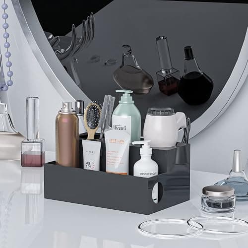 PITBVO Hair Tool Organizer, Black Acrylic Hair Dryer Holder with 3 Cups, Bathroom Supplies Countertop Blow Dryer Holder, Vanity Caddy Storage Stand for Accessories, Makeup, Toiletries thumbnail 7