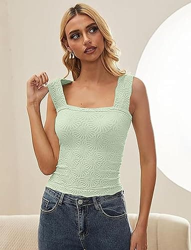 AIHUKOCY Women Square Neck Wide Strap Floral Crop Tank Top Sleeveless Lettuce Trim Solid Slim Cropped Cami Vest Tops thumbnail 3