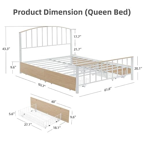 GarveeHome Queen Bed Frame, Metal Platform Bed with Headboard | Sturdy Metal Queen Bed Frame with Headboard ,4 Underbed Storage Drawers,No Box Spring Needed thumbnail 3