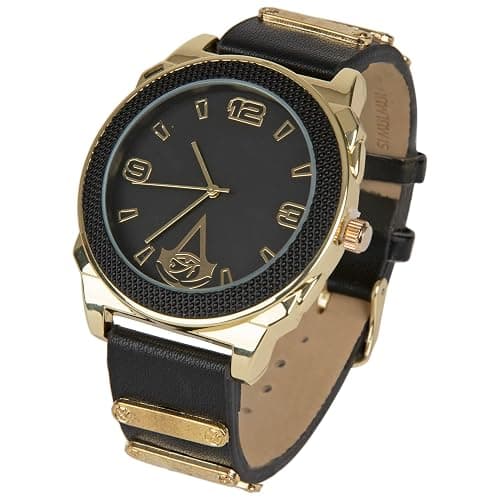 Accutime Assassin's Creed Men's Analog Watch in Black and Gold with Faux Leather Wrist Band Buckle Close - Image 1