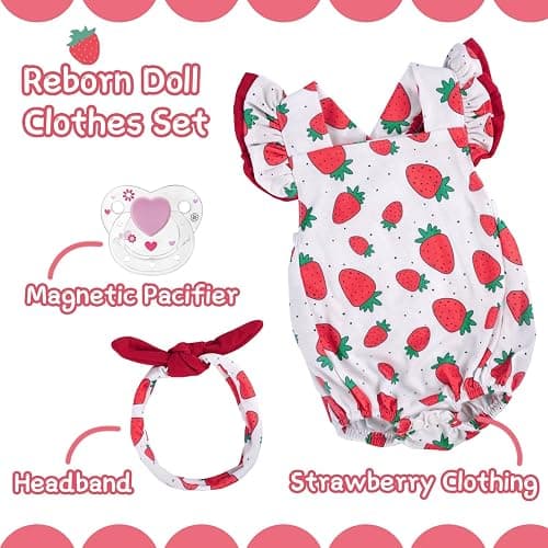 BABESIDE 3Pcs Reborn Baby Doll Clothes for 17-22 Inch Dolls,Strawberry Outfit Set with Magnetic Pacifier, Cute Baby Doll Accessories for Newborn Reborn Girl Dolls thumbnail 4